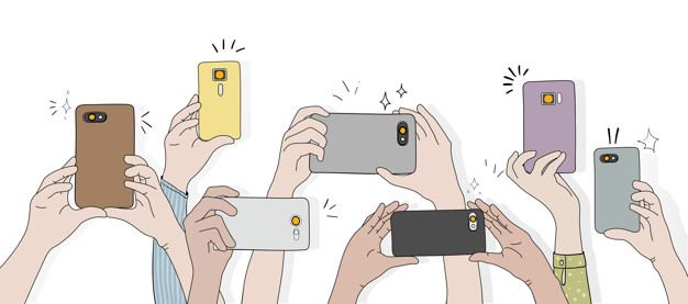Piirretyssä kuvassa monen ihmisen kädet pitelevät älypuhelimia. Puhelimilla kuvataan.