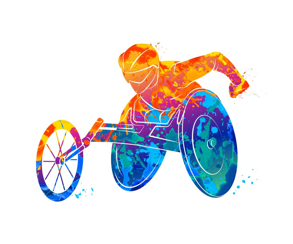 abstrakti, värikäs kuva. Pyörätuolilla liikkuva ratakelaaja työntää vauhtia.