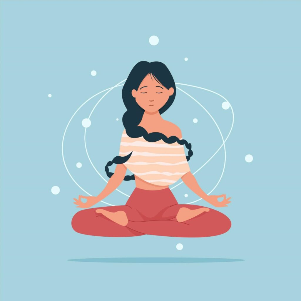 Nainen meditoimassa piirretyssä kuvassa