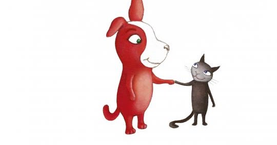 Piirretty koira ja kissa katsovat toisiaan ja seisovat käsi kädessä