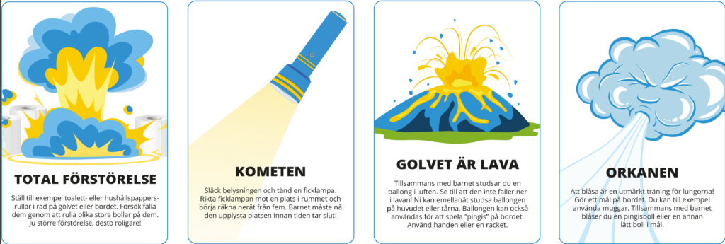 Exempel på anpassade kort för lekar med tecknade illustrationer och text.