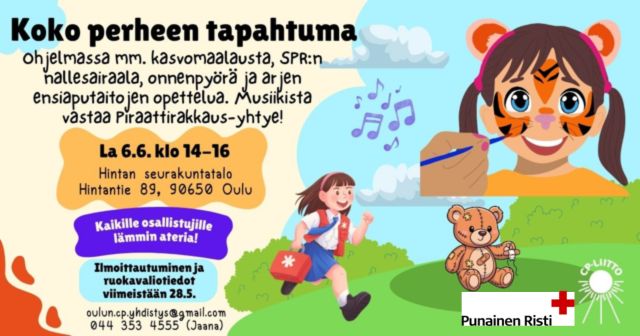 Mainoskuva, jossa piirroshahmojen kautta esitetty tapahtuman ohjelmaa: kasvomaalausta, musiikkia, rikkinäinen nalle sekä ensiapulaukun kanssa juokseva iloinen tyttö.