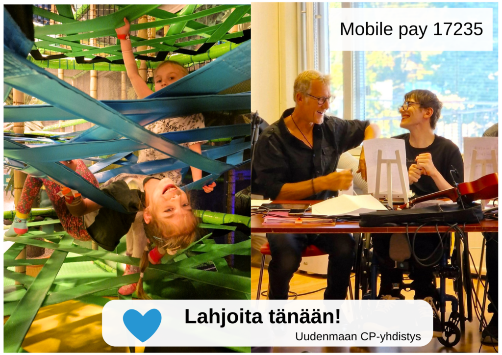Kollaasi, jossa vasemmalla olevassa Sini-vihreä-turkoosissa kuvassa kaksi lasta kiipeilee leikkipuiston kuminauhatelineen nauhojen seassa. Etualalla oleva tyttö roikkuu pää alaspäin. Oikealla olevassa kuvassa Sini-vihreä-turkoosissa kuvassa kaksi lasta kiipeilee leikkipuiston kuminauhatelineen nauhojen seassa. Etualalla oleva tyttö roikkuu pää alaspäin. Kuvassa oikealla pöydän takana istuu kaksi miestä, nuorempi ja vanhempi, jotka hymyilevät toisilleen lämpimästi. Nuorempi miehistä istuu pyörätuolissa. Pöydällä on papereita ja ukulele.