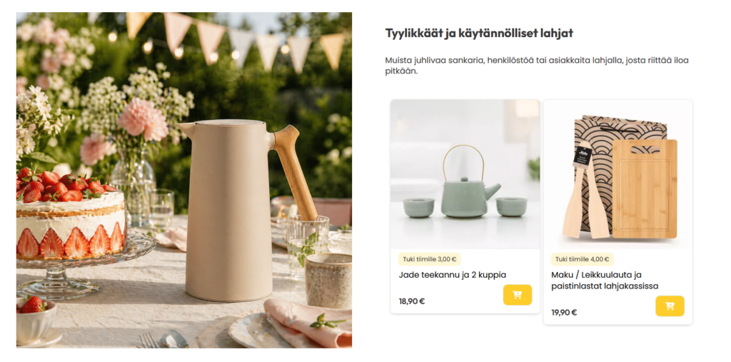 Kuvituskuva, jossa erilaisia kesäisiä tuotteita Tue Tiimiä -sivustolta, mm. kannuja ja puisia keittiövälineitä.