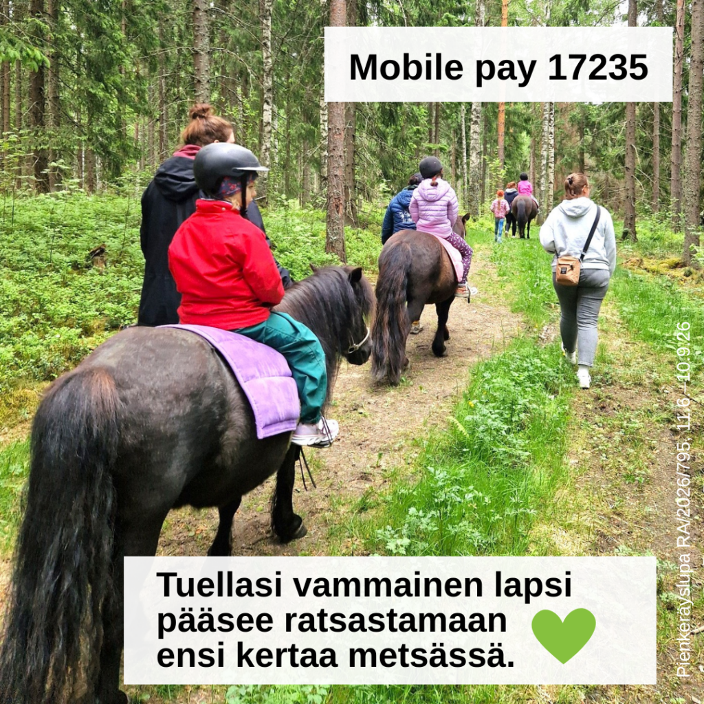 Kuvassa on poneja ja niiden taluttajia jonossa takaa kuvattuna, etualalla on tummanruskea poni, jonka selässä on punatakkinen lapsi kypärä päässään.