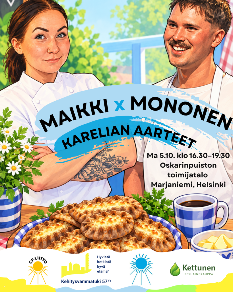 Karjalanpiirakkatapahtuman mainos. Kaksi kokkia hymyilee karjalanpiirakkakeon takana. 