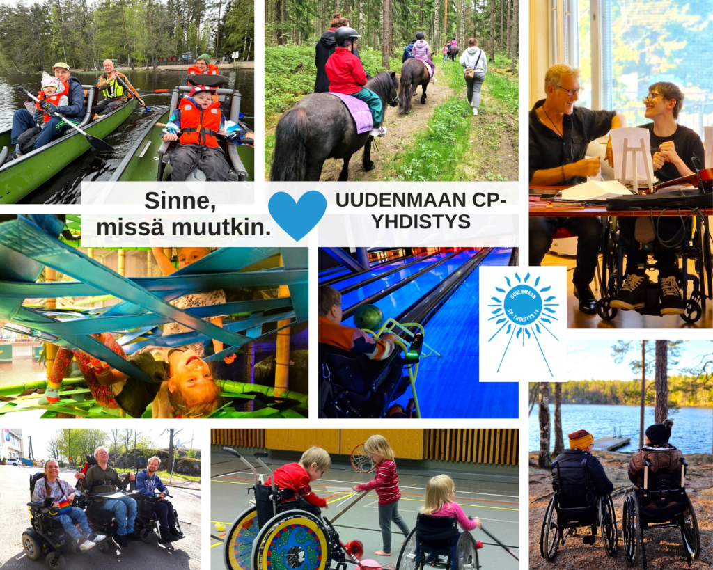 Kuvakollaasi, jossa kuvia metsäretkestä, melonnasta, bändin keikasta, keilauksesta, ratsastuksesta ja pyörätuolisählystä.